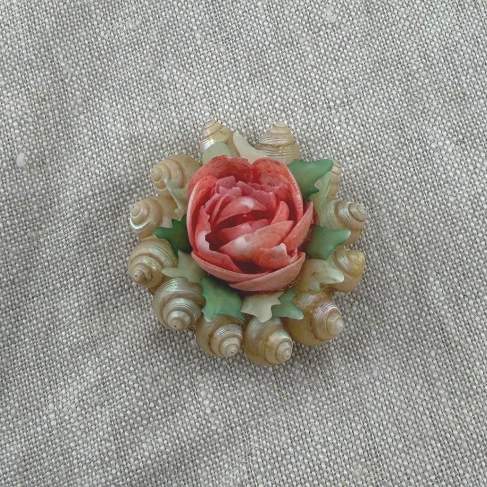 Vintage Carved Rose Brooch Shell Bead Floral Pin Cottagecore